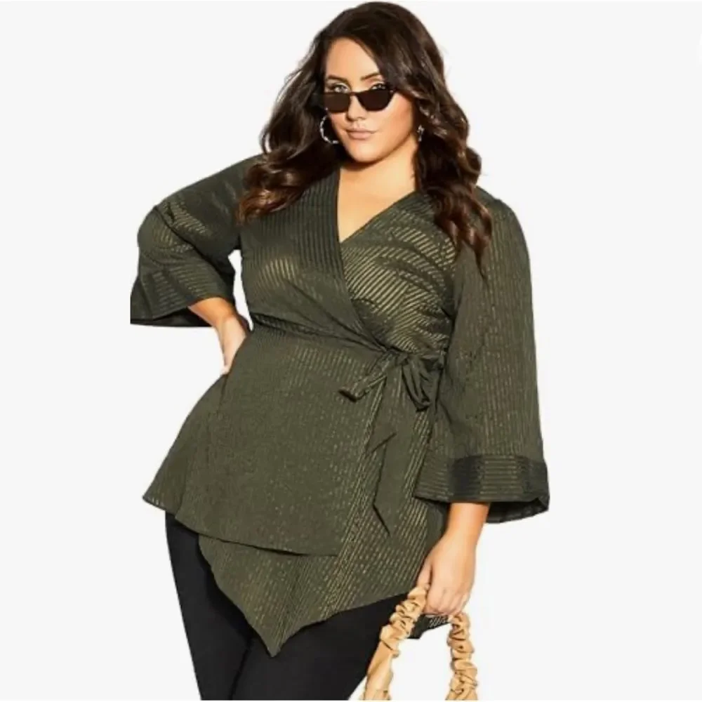 NWT CITY‎ CHIC size 12 olive jacquard wrap shirt top Whitney v-neck blouse